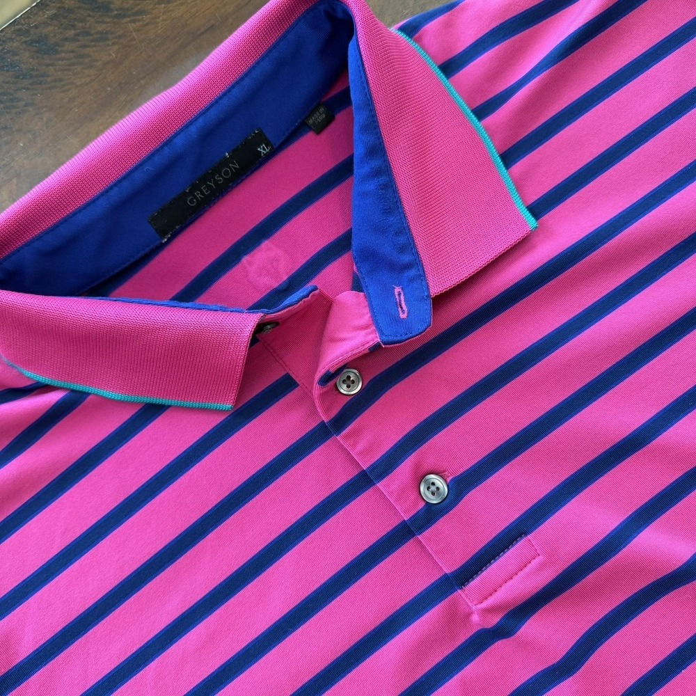 Greyson‎ Polo Shirt Mens XL Pink Stripe Blue Monster Golf Performance Stretch